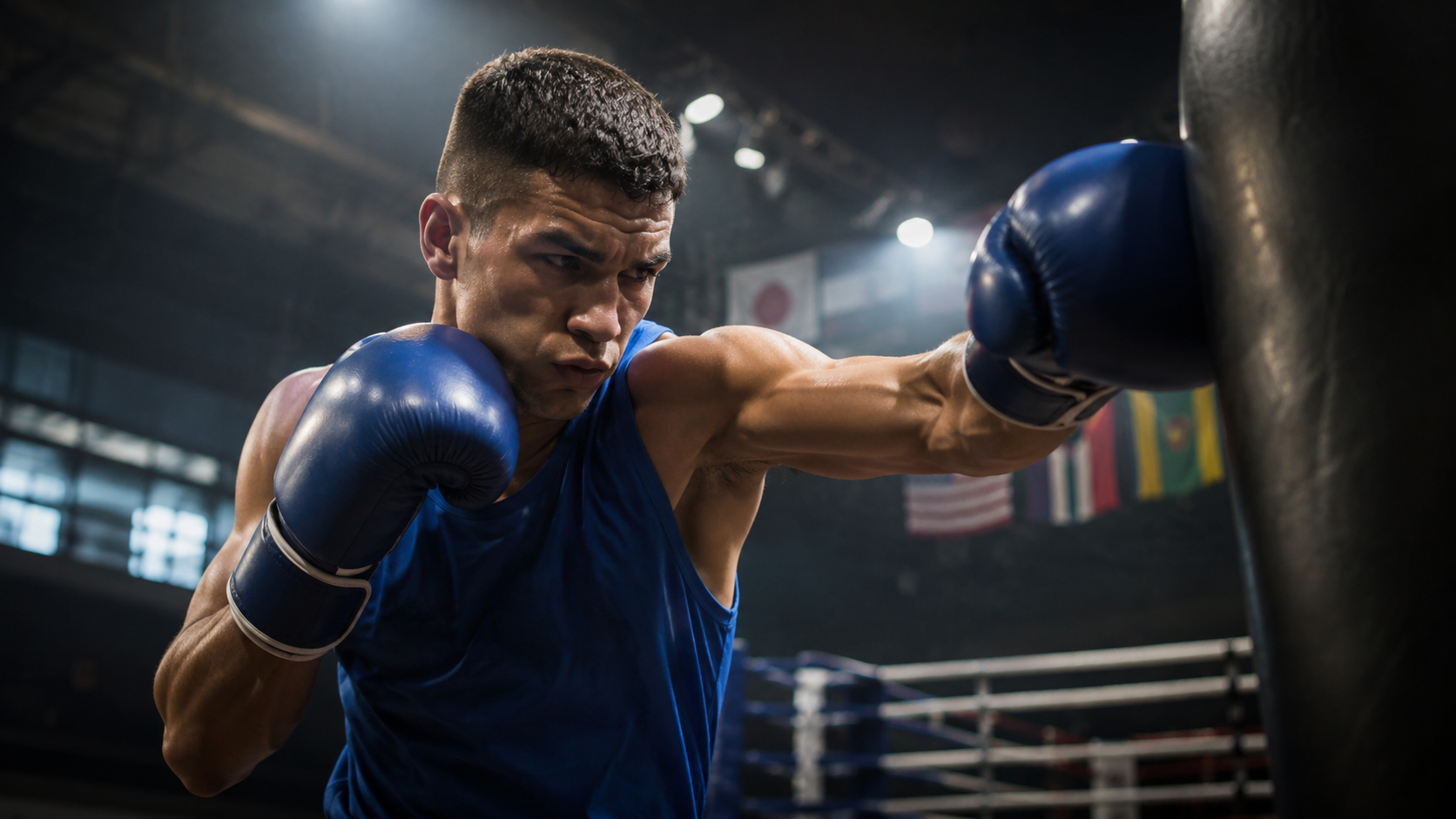 Boxer trainiert konzentriert in einer modernen Halle als Symbol für Boxen bei Olympia 2028.