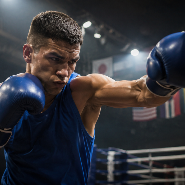 Boxer trainiert konzentriert in einer modernen Halle als Symbol für Boxen bei Olympia 2028.
