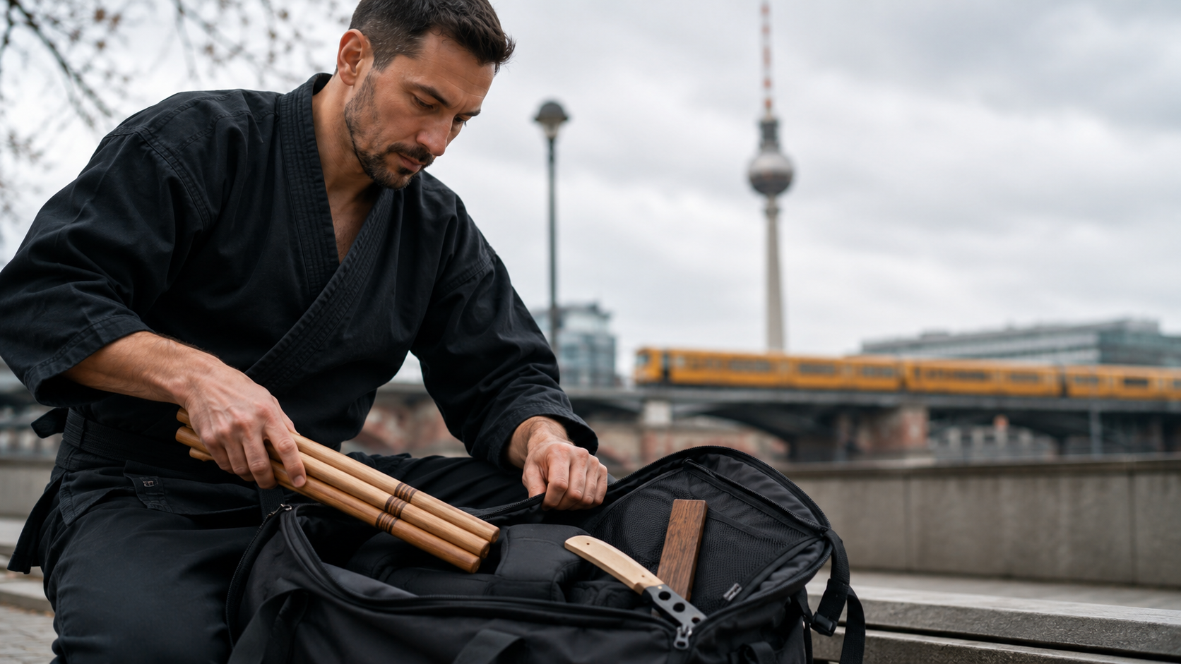 Kampfsportausrüstung sicher transportieren mit Escrima-Stöcken und Trainingstasche