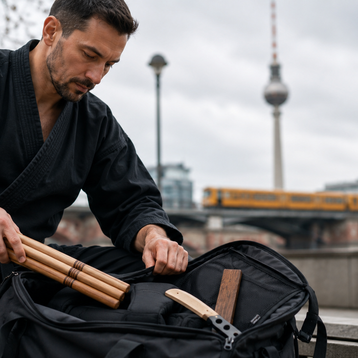 Kampfsportausrüstung sicher transportieren mit Escrima-Stöcken und Trainingstasche