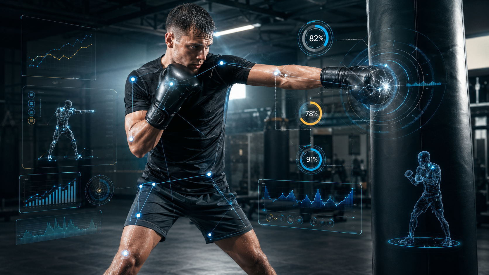 Kampfsportler trainiert mit digitaler Videoanalyse als Symbol für KI und Sensoren im modernen Kampfsport.