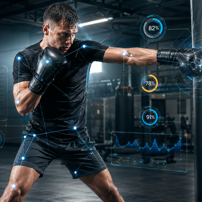 Kampfsportler trainiert mit digitaler Videoanalyse als Symbol für KI und Sensoren im modernen Kampfsport.