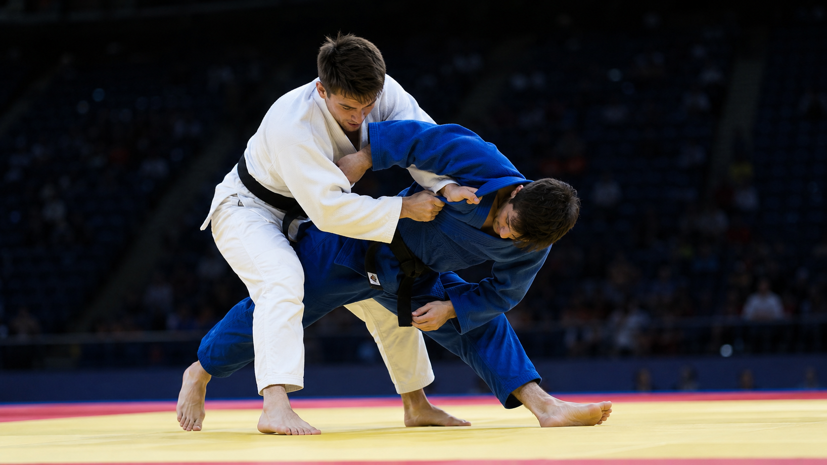 Zwei Judoka kämpfen auf der Tatami während einer dynamischen Wurfaktion im modernen Wettkampf-Judo.