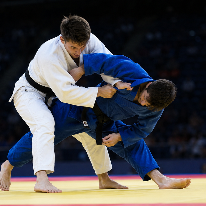 Zwei Judoka kämpfen auf der Tatami während einer dynamischen Wurfaktion im modernen Wettkampf-Judo.