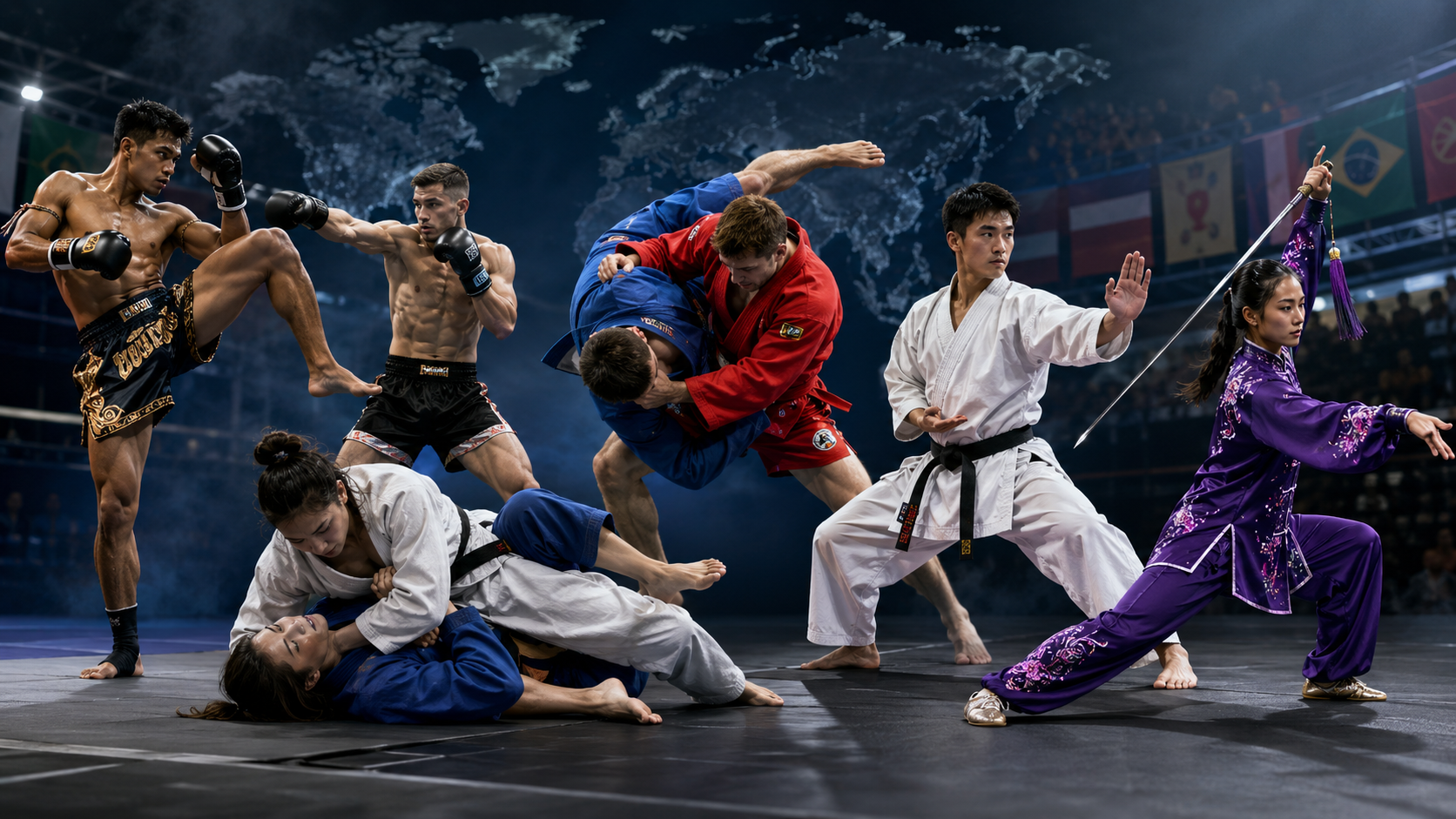 Verschiedene Kampfsportarten wie Muaythai, Karate, Grappling und Kickboxing als Symbol für die Vielfalt der World Games.