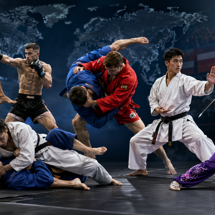 Verschiedene Kampfsportarten wie Muaythai, Karate, Grappling und Kickboxing als Symbol für die Vielfalt der World Games.