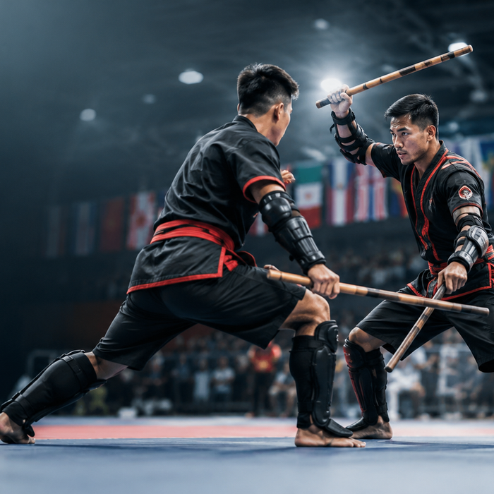 Zwei Kampfsportler trainieren Escrima Kali Arnis mit Rattan-Stöcken in einer internationalen Wettkampfarena.