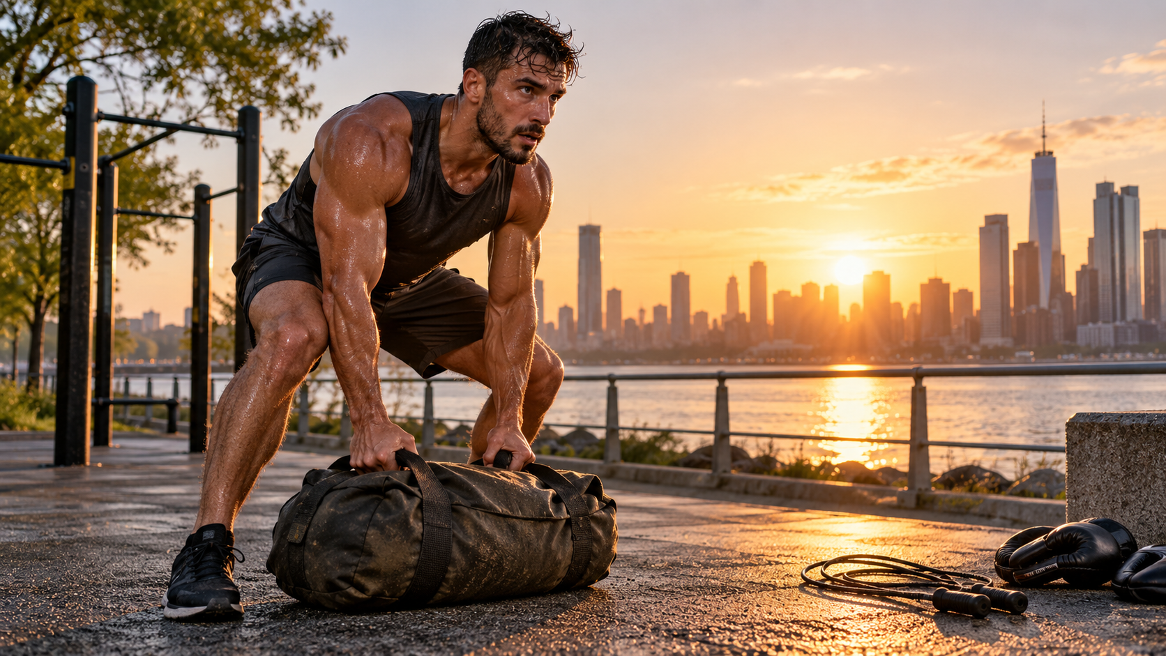 Athlet beim funktionellen Kraftausdauertraining mit schwerem Trainingsbag im Freien