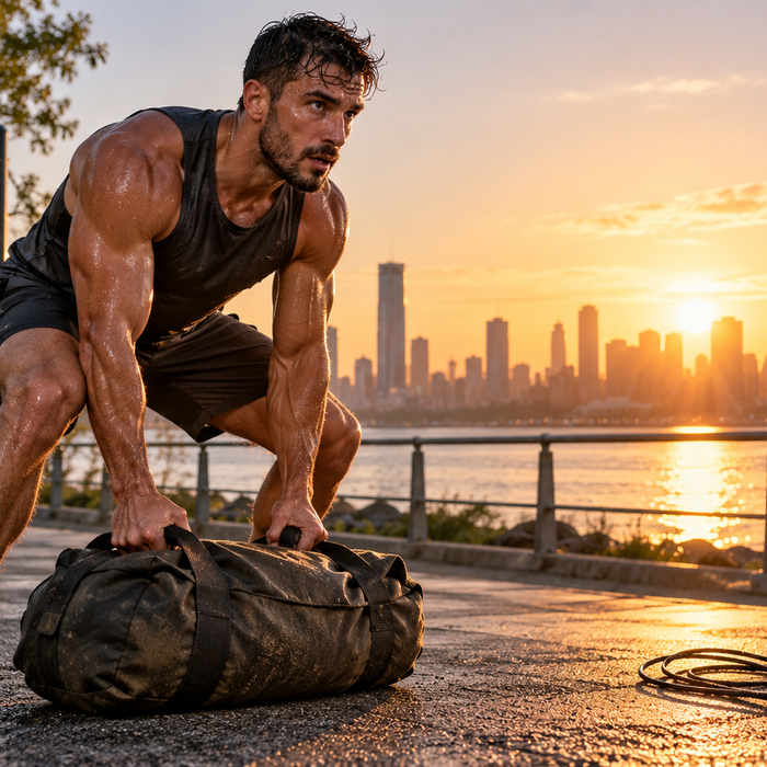 Athlet beim funktionellen Kraftausdauertraining mit schwerem Trainingsbag im Freien