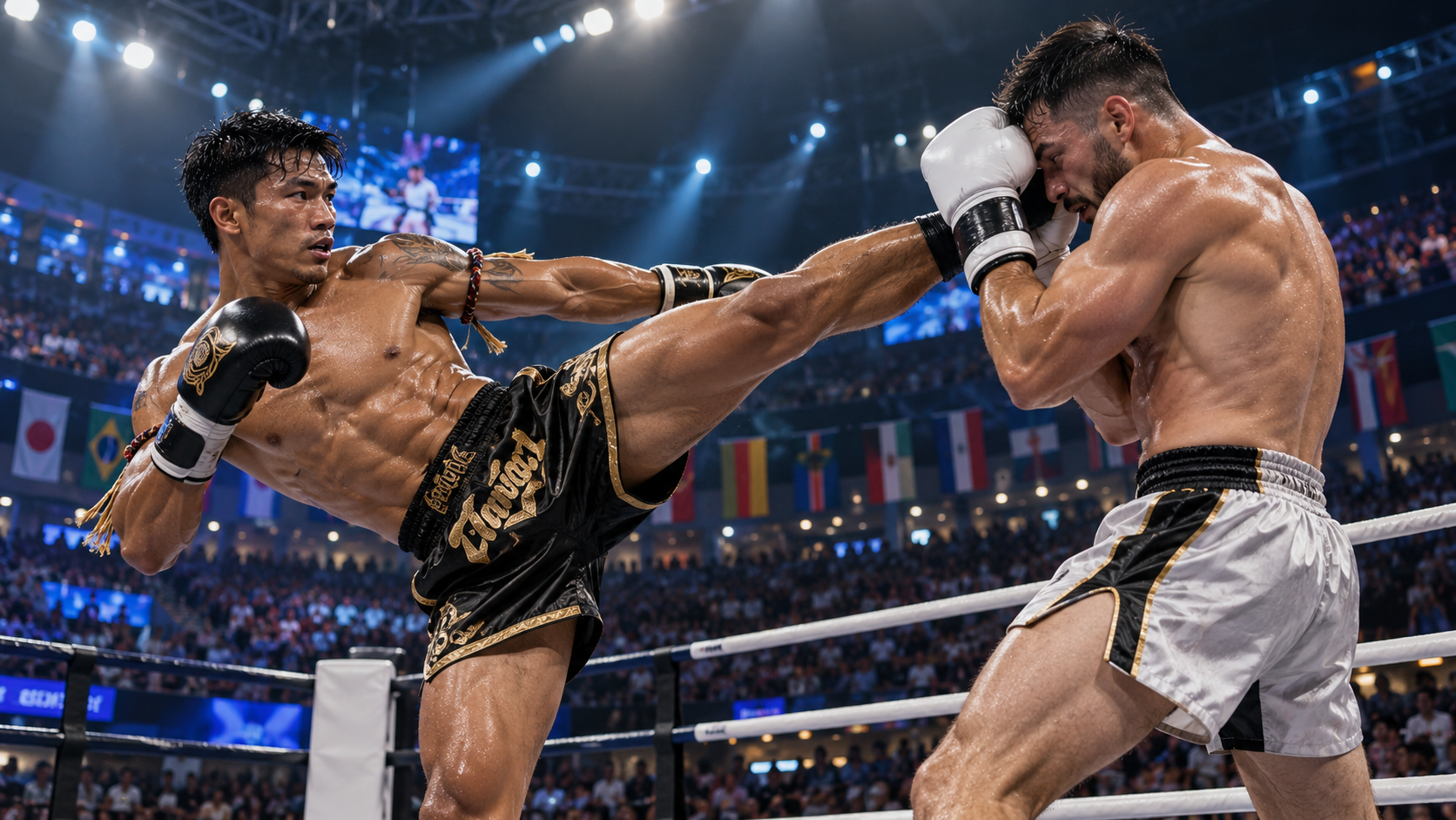 Zwei Muaythai-Kämpfer bei einem internationalen Wettkampf mit dynamischem High Kick