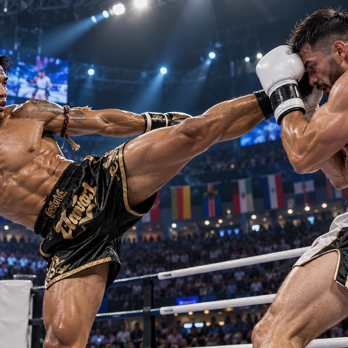 Zwei Muaythai-Kämpfer bei einem internationalen Wettkampf mit dynamischem High Kick