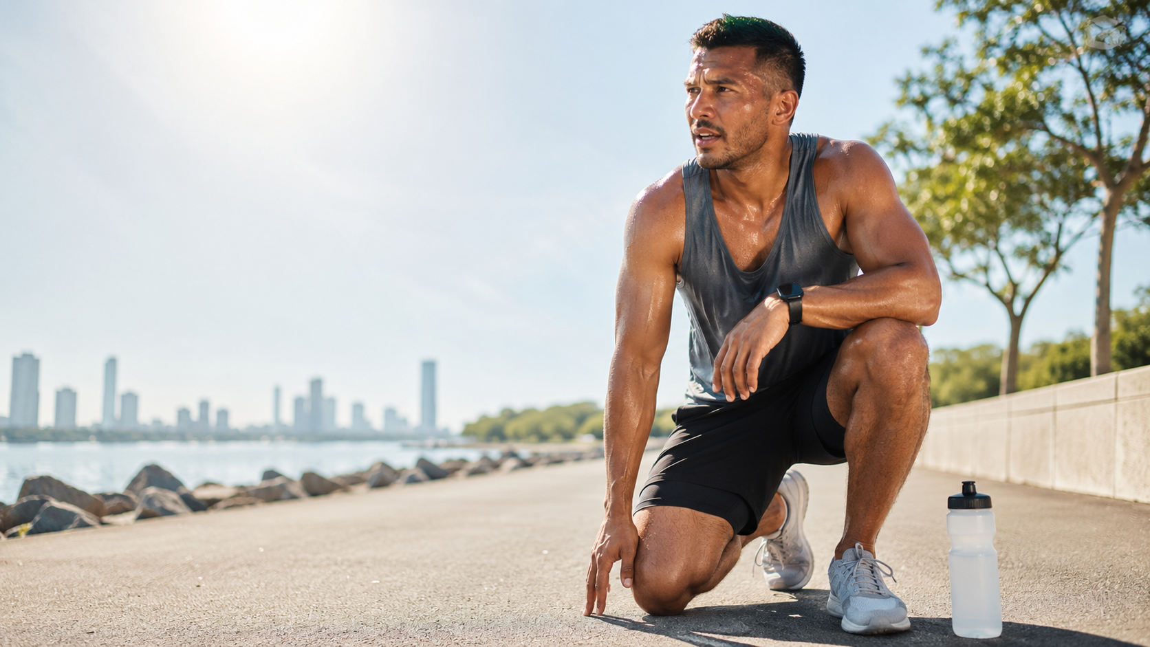 Sportler beim Outdoor-Training in sommerlicher Hitze mit Trinkflasche und Trainingsausrüstung