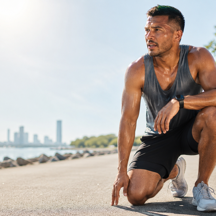 Sportler beim Outdoor-Training in sommerlicher Hitze mit Trinkflasche und Trainingsausrüstung