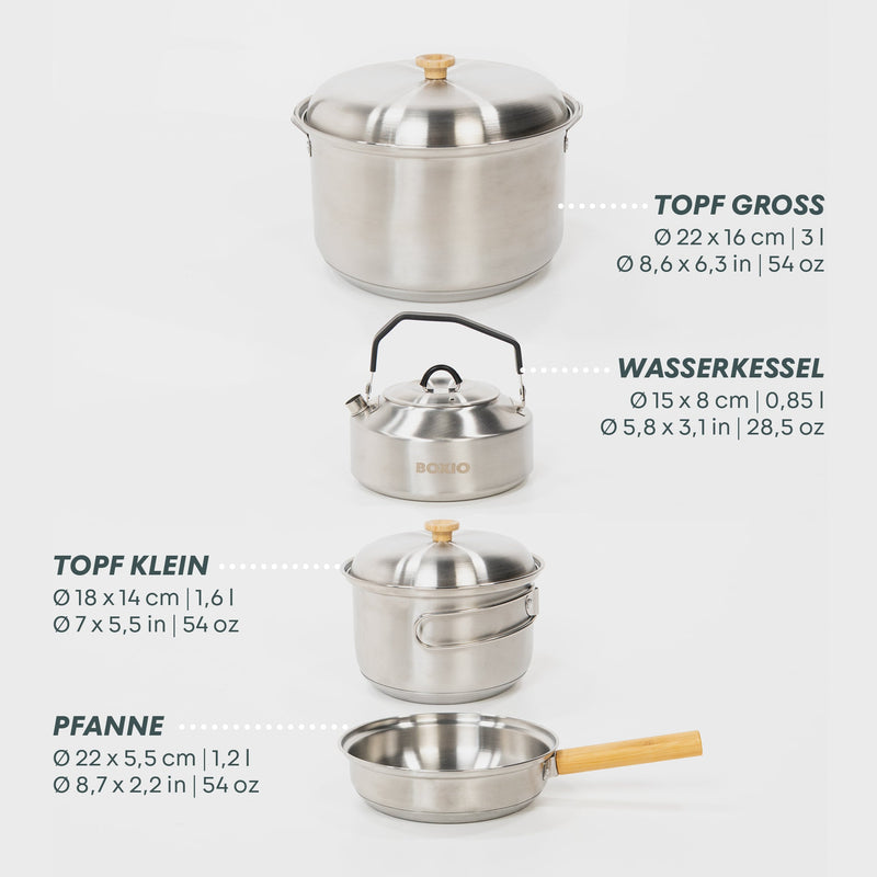BOXIO COOK MAX+ Camping Kochset – Gaskocher Bundle mit Topfset, Geschirr & Besteck für 4 Personen