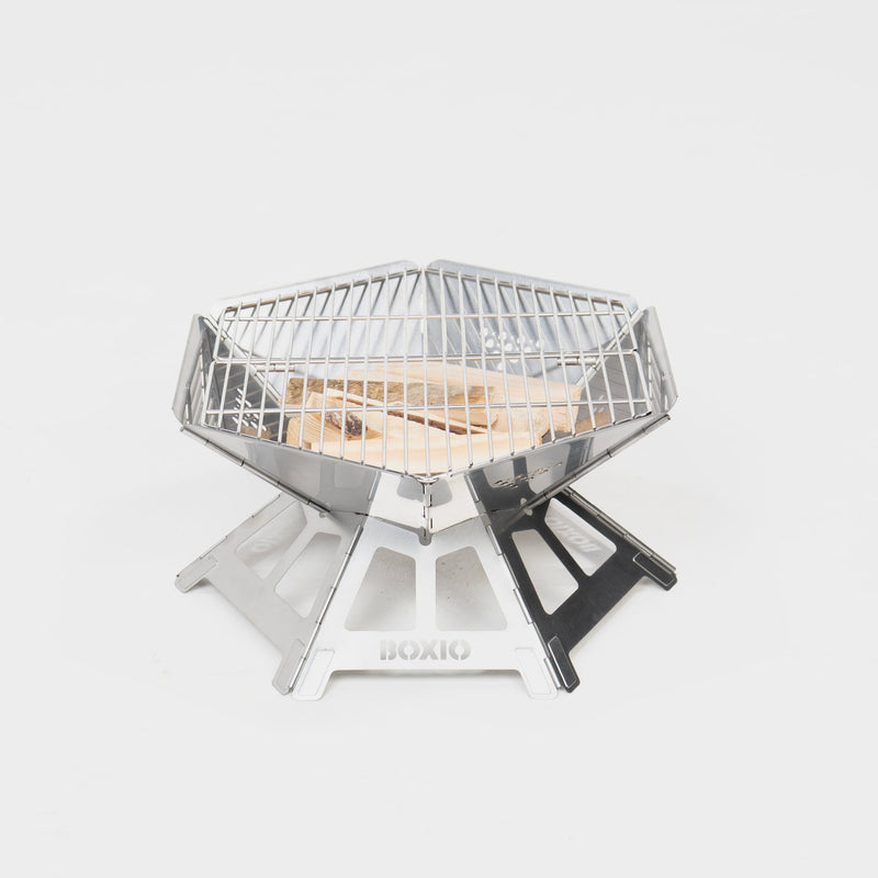 BOXIO FIRE Feuerschale mit Grillrost & SOLO UP – kompakter Camping-Grill aus Edelstahl