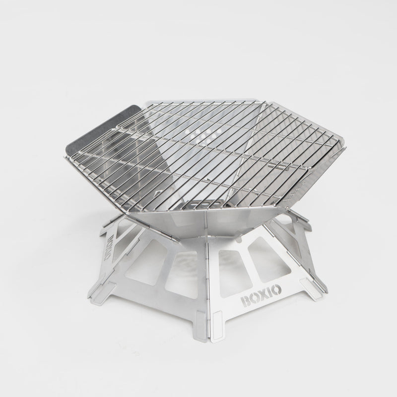 BOXIO FIRE Feuerschale mit Grillrost & SOLO UP – kompakter Camping-Grill aus Edelstahl