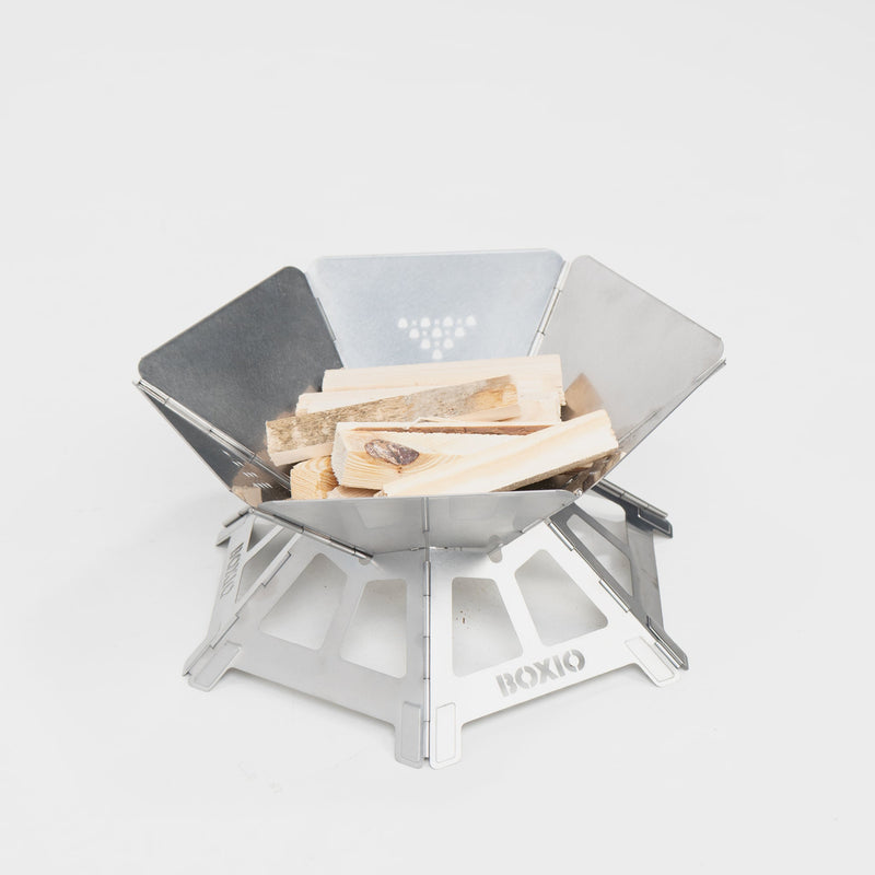 BOXIO FIRE Feuerschale mit Grillrost & SOLO UP – kompakter Camping-Grill aus Edelstahl