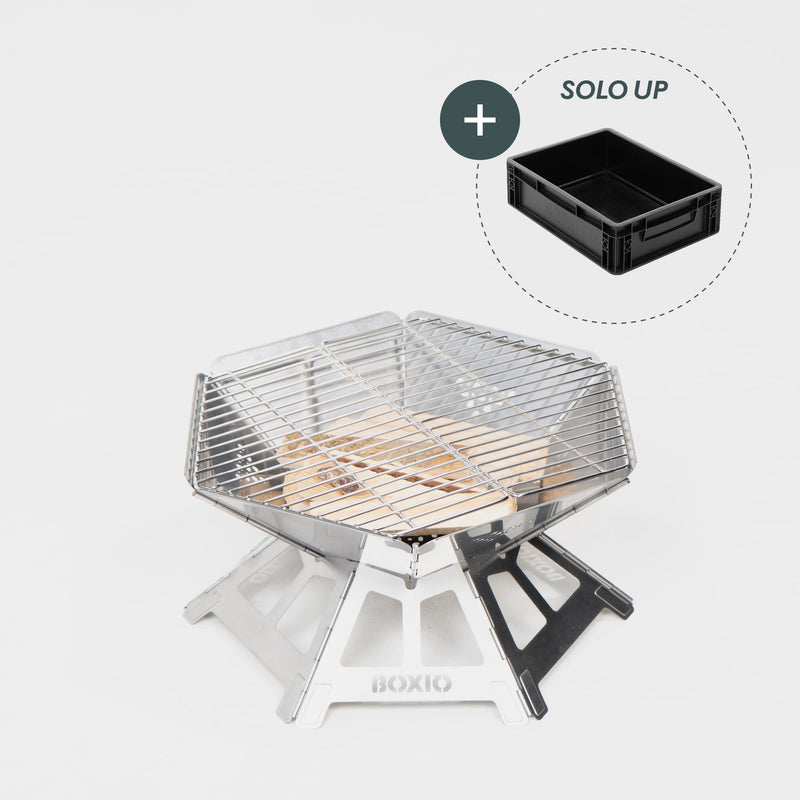 BOXIO FIRE Feuerschale mit Grillrost & SOLO UP – kompakter Camping-Grill aus Edelstahl