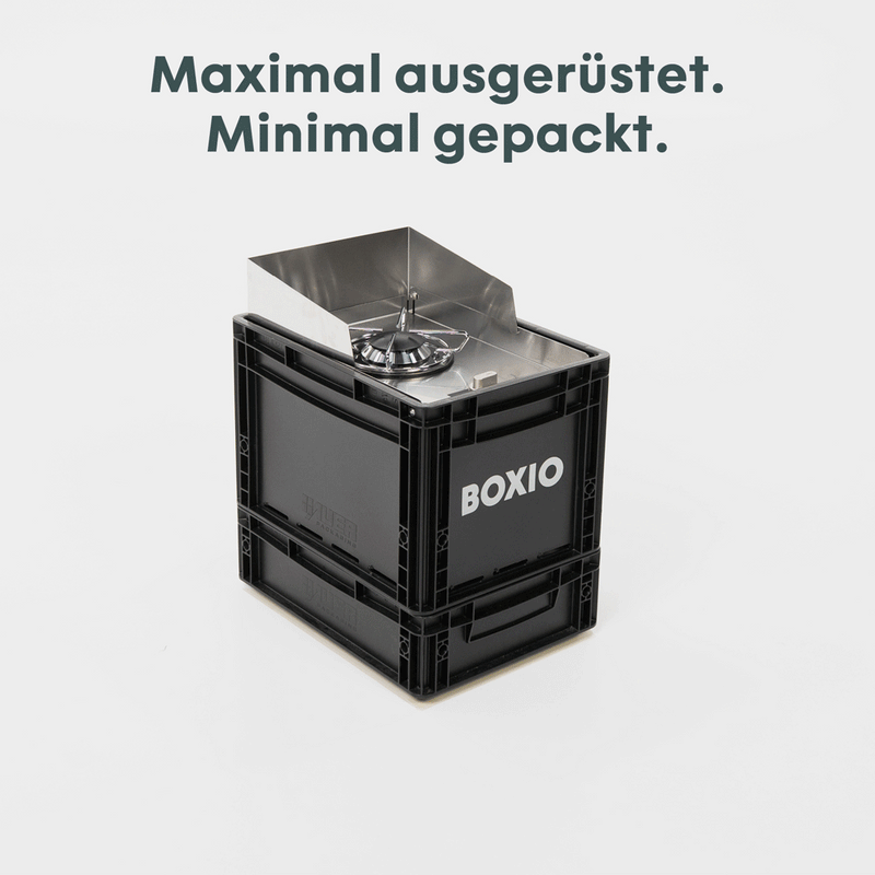 BOXIO COOK MAX+ Camping Kochset – Gaskocher Bundle mit Topfset, Geschirr & Besteck für 4 Personen