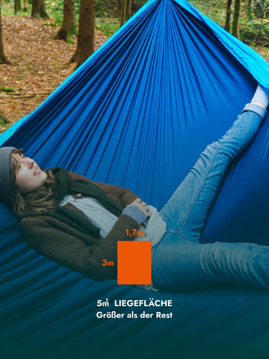 HÄNG Hängematte + Aufhängung – Ultraleicht (850 g), 2-Personen (250 kg+), in 60 Sek. ohne Knoten, nachhaltige Reise-Hängematte