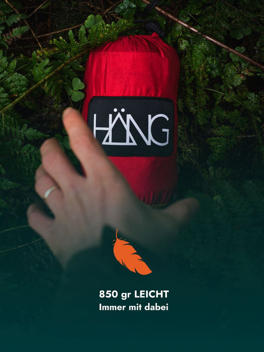 HÄNG Hängematte + Aufhängung – Ultraleicht (850 g), 2-Personen (250 kg+), in 60 Sek. ohne Knoten, nachhaltige Reise-Hängematte