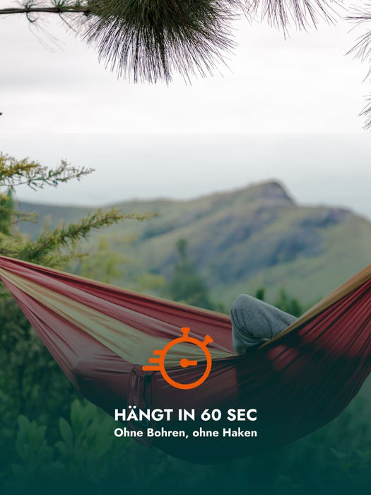 HÄNG Hängematte + Aufhängung – Ultraleicht (850 g), 2-Personen (250 kg+), in 60 Sek. ohne Knoten, nachhaltige Reise-Hängematte