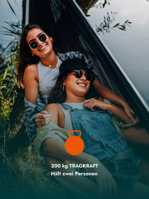 HÄNG Hängematte + Aufhängung – Ultraleicht (850 g), 2-Personen (250 kg+), in 60 Sek. ohne Knoten, nachhaltige Reise-Hängematte