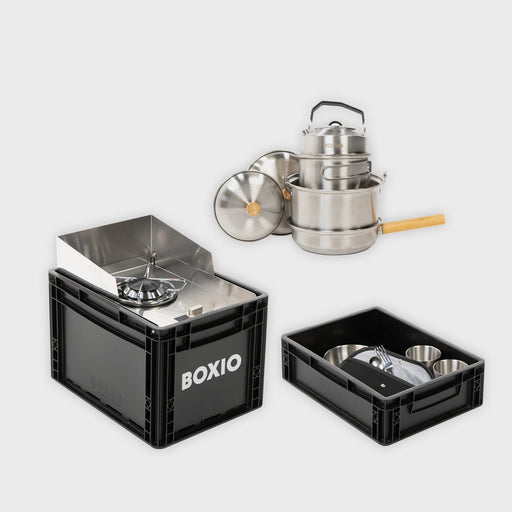 BOXIO COOK MAX+ Camping Kochset mit Gaskocher Topfset Geschirr und Besteck für 4 Personen