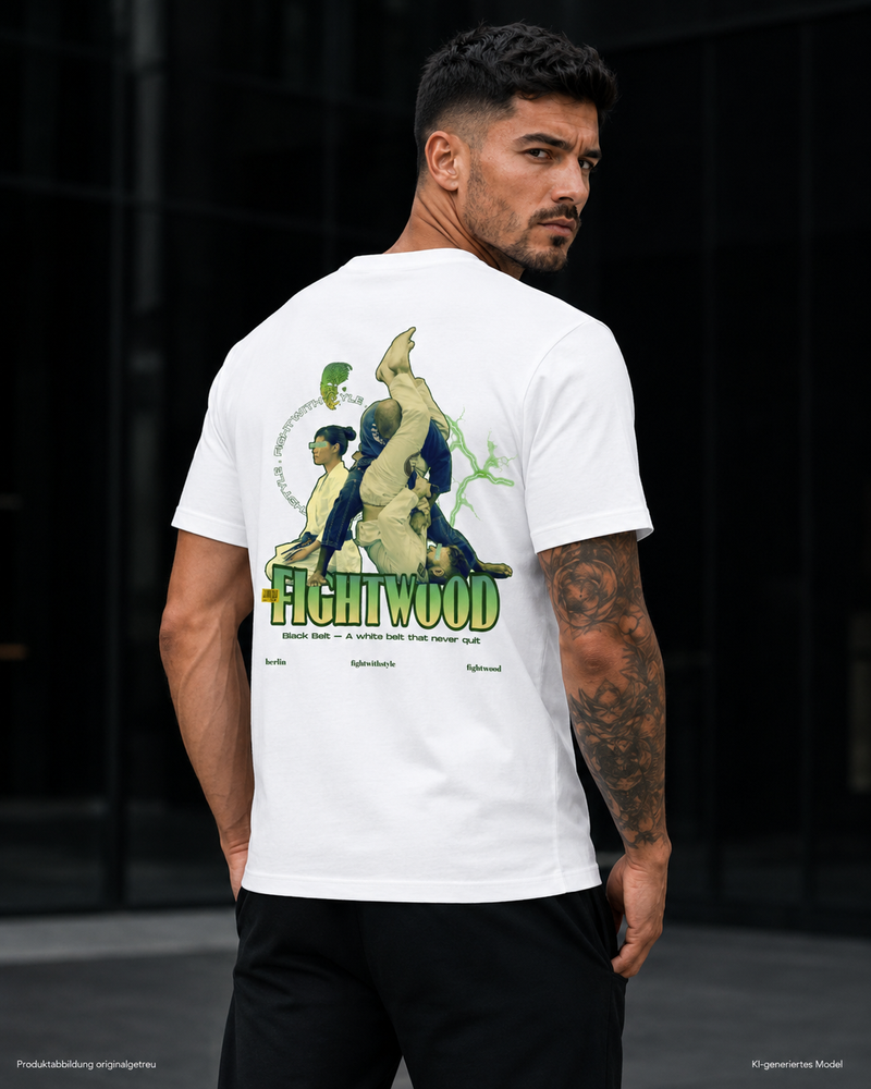 Detailaufnahme des Fightwood BJJ Druckmotivs auf dem Herren Premium T-Shirt