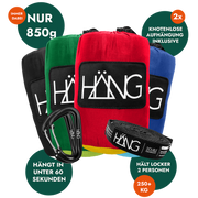 HÄNG Hängematte mit baumschonender Aufhängung, ultraleicht 850 g, 2-Personen, ohne Knoten
