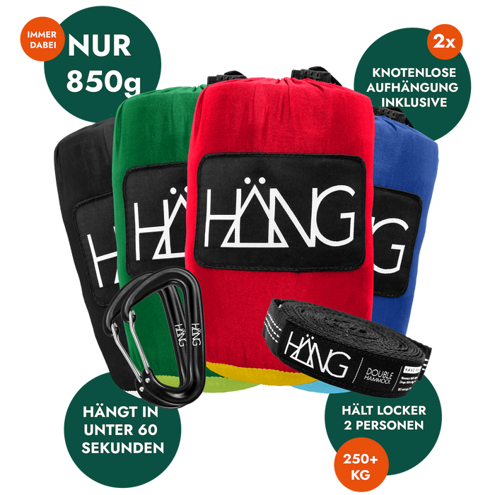 HÄNG Hängematte mit baumschonender Aufhängung, ultraleicht 850 g, 2-Personen, ohne Knoten