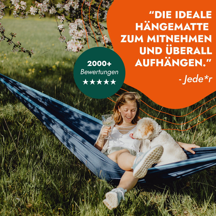 HÄNG Hängematte + Aufhängung – Ultraleicht (850 g), 2-Personen (250 kg+), in 60 Sek. ohne Knoten, nachhaltige Reise-Hängematte