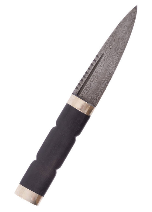 Sgian Dubh knife with Damascus steel blade and leather sheath