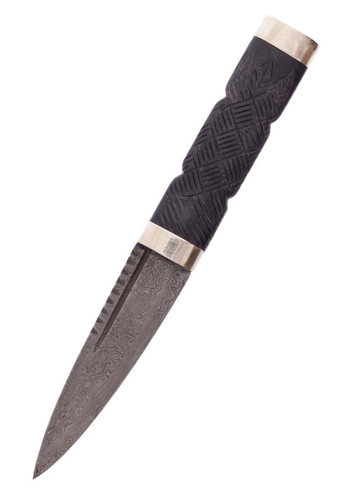 Sgian Dubh knife with Damascus steel blade and leather sheath