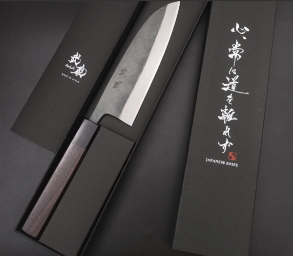 Santoku Blauer Stahl #2 Kurouchi Damaststahl Shitan Griff 165mm