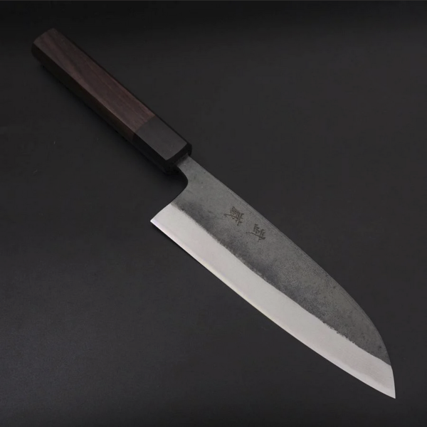 Santoku Blauer Stahl #2 Kurouchi Damaststahl Shitan Griff 165mm