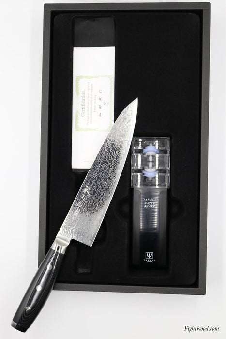 Yaxell chef's knife set GOU 101 + knife sharpener (Damascus blade)