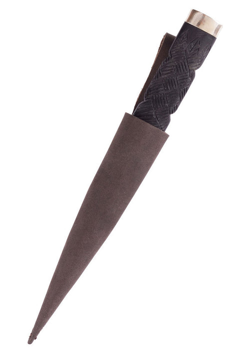 Sgian Dubh knife with Damascus steel blade and leather sheath