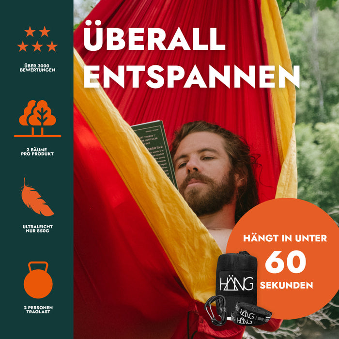 HÄNG Hängematte + Aufhängung – Ultraleicht (850 g), 2-Personen (250 kg+), in 60 Sek. ohne Knoten, nachhaltige Reise-Hängematte