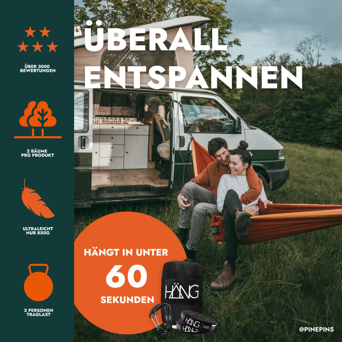HÄNG Hängematte + Aufhängung – Ultraleicht (850 g), 2-Personen (250 kg+), in 60 Sek. ohne Knoten, nachhaltige Reise-Hängematte