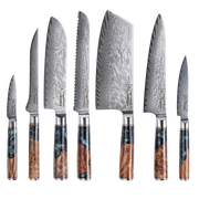 Profi Set Onyx – 7-teiliges Damastmesser Set mit VG-10 Kern und Wurzelholzgriffen
