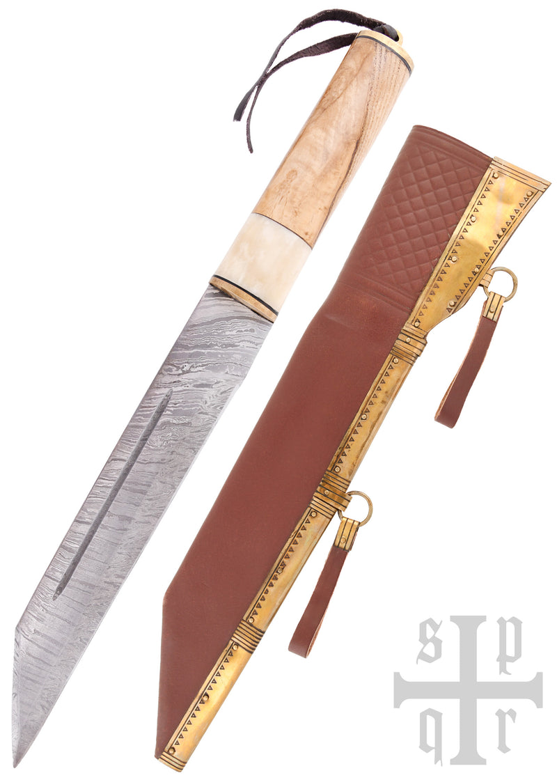 Skramasax Wikinger-Sax mit 256-Lagen-Damaststahl und Holz-Knochengriff