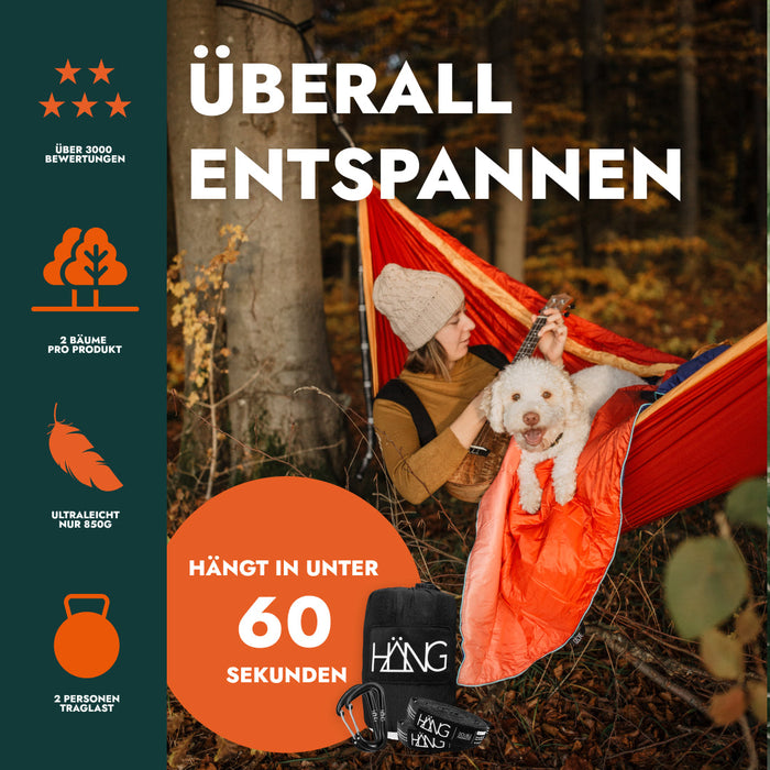 HÄNG Hängematte + Aufhängung – Ultraleicht (850 g), 2-Personen (250 kg+), in 60 Sek. ohne Knoten, nachhaltige Reise-Hängematte