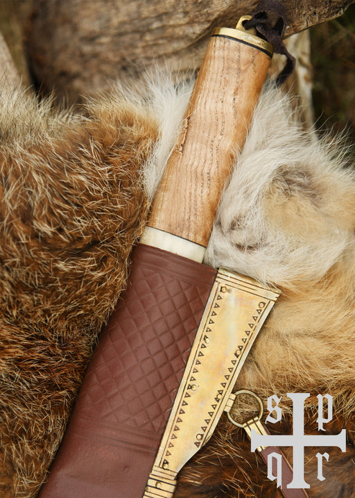 Wikinger-Sax aus Damaststahl mit Holz-, Tierknochen- und Messinggriff
